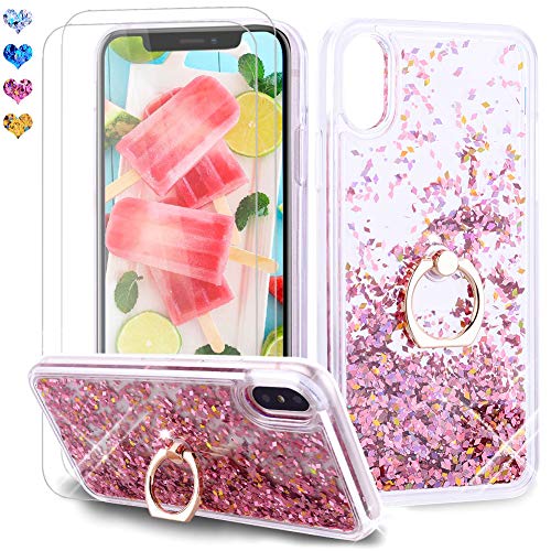 Feyten iPhone XS/iPhone X Hülle mit Displayschutz [2 Stück], Glitzer Flüssig Treibsand Fließend Glitter Quicksand Schutzhülle Handyhülle mit Ring 360 Grad Ständer (Roségold) von Feyten