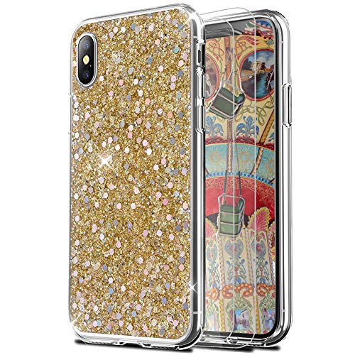 Feyten iPhone XS Max Hülle mit Displayschutz [2 Stück], Bling Glänzend Glitzer Weich TPU Silikon Etui Cover Schale Schutzhülle für Apple iPhone XS Max 6,5" (Gold) von Feyten