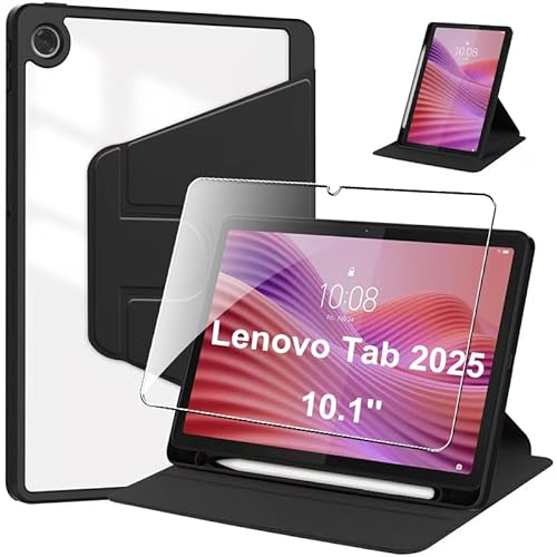 Schutzhülle für Lenovo Tab 2025, 25,7 cm (10,1 Zoll), Schutzhülle mit Displayschutzfolie aus gehärtetem Glas, 360 Grad drehbar, Standfunktion, transparente Rückseite, automatische Wake-/Sleep-Funktion von Fhyeugfy