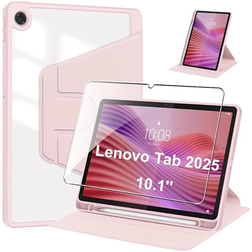 Schutzhülle für Lenovo Tab 2025, 25,7 cm (10,1 Zoll), Schutzhülle mit Displayschutzfolie aus gehärtetem Glas, 360 Grad drehbar, Standfunktion, transparente Rückseite, automatische Wake-/Sleep-Funktion von Fhyeugfy