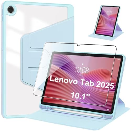 Schutzhülle für Lenovo Tab 2025, 25,7 cm (10,1 Zoll), Schutzhülle mit Displayschutzfolie aus gehärtetem Glas, 360 Grad drehbar, Standfunktion, transparente Rückseite, automatische Wake-/Sleep-Funktion von Fhyeugfy