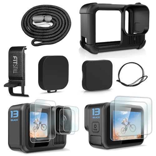 FitStill Schwarze Silikon-Schutzhülle, nur für Go Pro Hero 13, Akku-Seitenabdeckung, Displayschutzfolien, Objektivdeckel und Umhängeband für Go Pro Hero 13, schwarzes Zubehör-Set von FiTSTILL