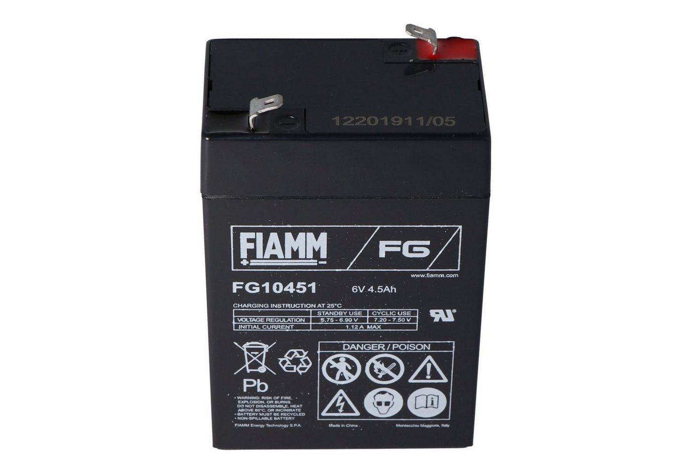 Fiamm Fiamm FG10451 Blei Akku 6 Volt 4,5Ah 3FM4.5, passend für Leoch DJW6-4 Akku 4500 mAh (6,0 V) von Fiamm