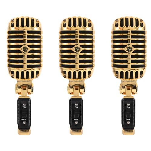 Ficher 3X Professionelles Kabelgebundenes Klassisches Vintage-Mikrofon, Dynamisches Gesangsmikrofon, Mikrofon für Live-Auftritte, Karaoke (Gold) von Ficher