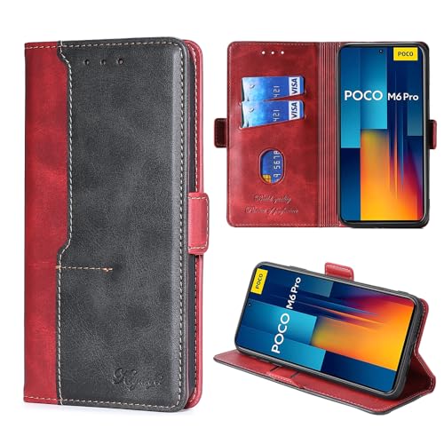 FiiMoo Hülle für Xiaomi Poco M6 Pro 4G Case, Handyhülle aus Leder, Hülle mit Magnetverschluss, Schutzhülle, [Kartenfächern][Standfunktion][Magnetverschluss] Klappständer Hülle-Rot von FiiMoo