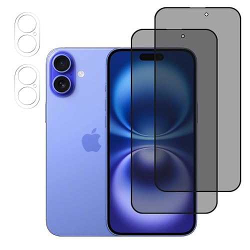 FiiMoo Privacy Schutzfolie Kompatibel mit iPhone 16 Plus, Sichtschutz Schutzfolie, Kamera Schutzfolie, [2+2 Stück] [3D Vollabdeckung], Anti-Spy für Panzerglasfolie Folie Schutzfolie und Kameraschutz von FiiMoo