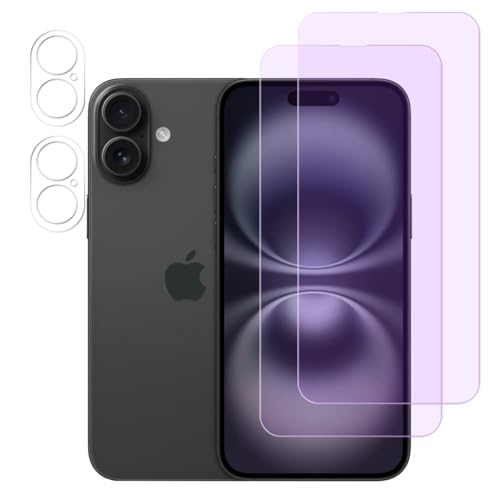 FiiMoo Schutzfolie Kompatibel mit iPhone 16, Anti Blaulicht Schutzfolie + Kamera Schutzfolie, [2+2 Stück] [Augenpflege] [Blasenfreie] [Blockiert übermäßiges Schädliches Blaues Licht & UV] von FiiMoo