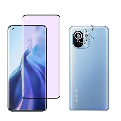 FiiMoo für Panzerglas Kompatibel mit Xiaomi Mi 11 5G, Anti Blaulicht Schutzfolie/Kamera Schutzfolie [1+2 Stück] [Blockiert übermäßiges Schädliches Blaues Licht & UV] Anti Blaulicht Xiaomi Mi 11 von FiiMoo