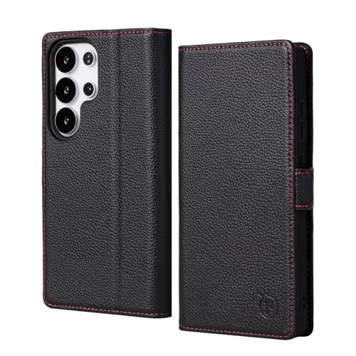 FiitCASE Hülle für Galaxy S25 Ultra 6,9" 5G, Echtleder Schutzhülle [RFID Blocker] [Kartenfächer] [Ständer] Magnetisch Cover Handyhülle Klapphülle Kompatibel mit Galaxy S25 Ultra 2025 (Schwarz) von FiitCASE