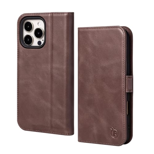 FiitCASE Hülle für iPhone 16 Pro 5G, Handyhülle [Echtleder] [Kartenfach] [Standfunktion] [RFID Blocker] Stoßfest Magnet Schutzhülle TPU Lederhülle Kompatibel mit iPhone 16 Pro 6,3" (Vintage Braun) von FiitCASE
