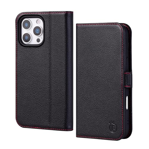 FiitCASE Hülle für iPhone 16 Pro Max, Handyhülle [Echtleder] [Kartenfach] [Stand] [RFID Blocker] Stoßfest Magnet Schutzhülle TPU Lederhülle Kompatibel mit iPhone 16 Pro Max 6,9" (Schwarz) von FiitCASE