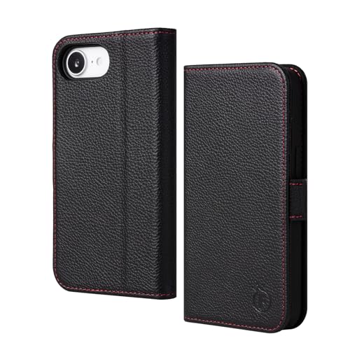 FiitCASE Hülle für iPhone 16e 5G, Handyhülle [Echtleder] [Magnetverschluss] [Kartenfach] [Ständer] [RFID Blocker] TPU Schutzhülle Case Kompatibel mit iPhone 16e 2025 6,1" (Schwarz) von FiitCASE