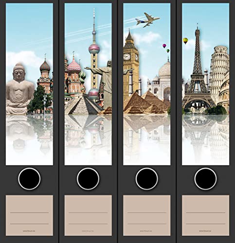 4er Set breite Ordnerrücken World Monuments Paris London Kairo Urlaub File Art Ordner Etiketten Deko AJ 2203 von The Art File