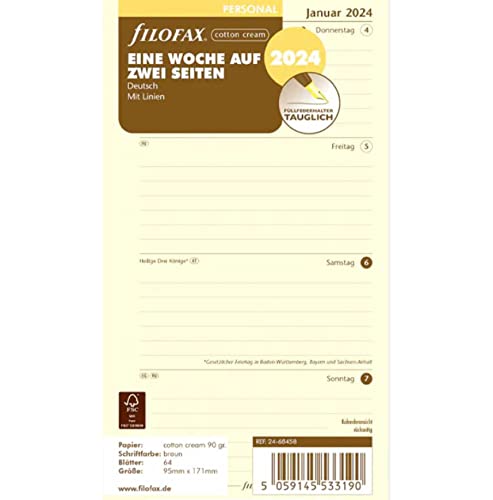 FILOFAX Kalendereinlage Personal 1 Woche auf 2 Seiten cotton creme (Deutsch)2024 von Filofax