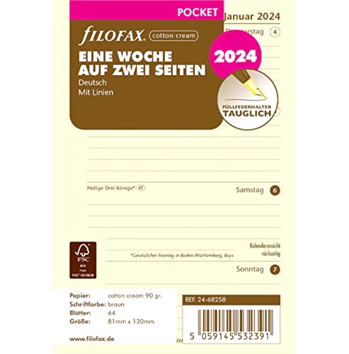 FILOFAX Kalendereinlage Pocket 1 Woche auf 2 Seiten cotton creme (Deutsch)2024 von Filofax