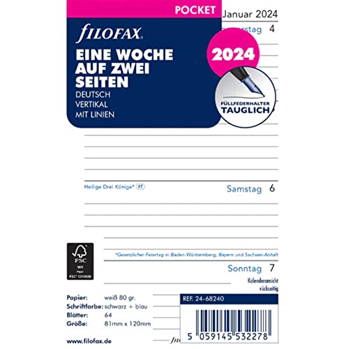 FILOFAX Kalendereinlage Pocket 1 Woche auf 2 Seiten vertikal (Deutsch)2024 von Filofax