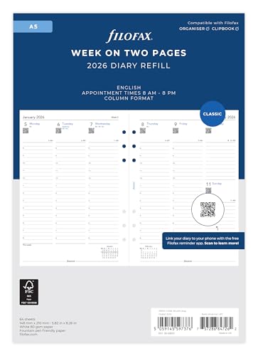 Filofax A5 Woche auf zwei Seiten Spaltenformat Englisch 2026 Terminplaner 26-68521 von Filofax