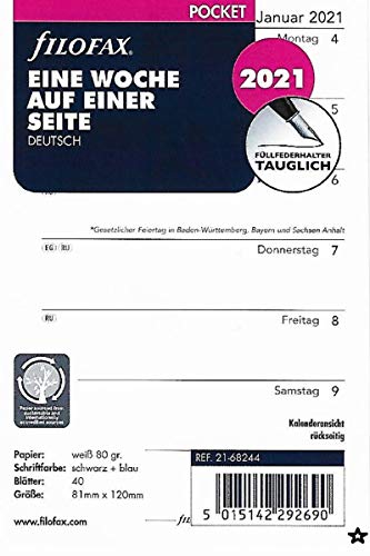 Filofax A7 Pocket 2021 Kalender Wochenplaner 1Woche 1Seite Einlage Kalendarium 21-68244 von Filofax