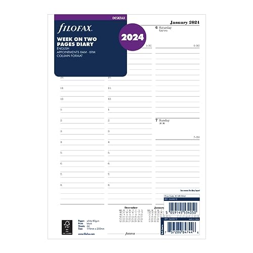 Filofax Deskfax Wochenkalender auf zwei Seiten mit Terminen, englisches Tagebuch 2024, weiß, 176 mm x 250 mm von Filofax