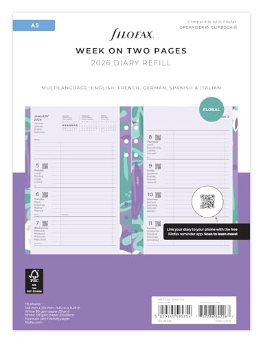 Filofax Kalender A5 Illustrated Diary Floral 1 Woche auf 2 Seiten (mehrsprachig) 2026 von Filofax