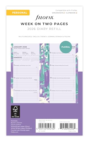 Filofax Kalender Personal Illustrated Diary Floral 1 Woche auf 2 Seiten (mehrsprachig) 2026 von Filofax