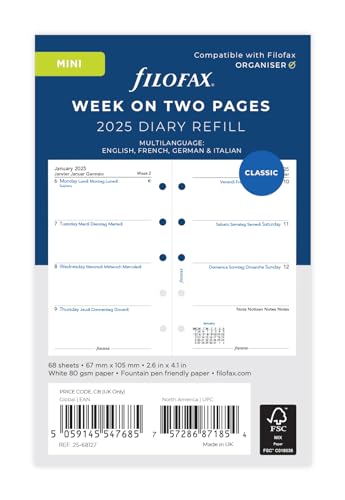 Filofax Mini-Woche auf zwei Seiten, 4-sprachig, 2025 Terminplaner, Nachfüllpackung von Filofax