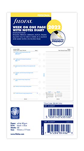 Filofax Persönliche Woche pro Seite mit Notizen, 5 Sprachen, Terminplaner 2022 von Filofax