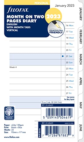 Filofax Persönlicher Monat auf zwei Seiten, englisches Blockformat, Registerkalender 2023, Weiß von Filofax