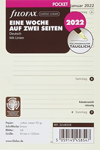 Filofax Pocket 1 Woche auf 2 Seiten cotton cream (deutsch)2022 22-68258 von Filofax