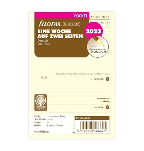 Filofax Pocket 1 Woche auf 2 Seiten cotton creme (deutsch)2023 von Filofax