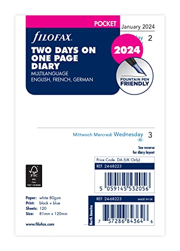 Filofax Pocket Englisch/Französisch/Deutsch zwei Tage pro Seite 2024 Tagebuch von Filofax