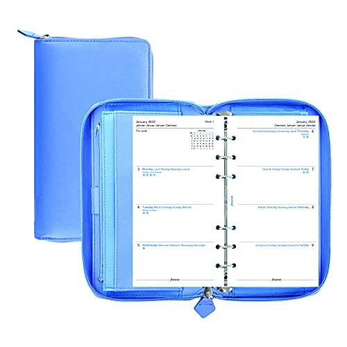 Filofax Saffiano Zip Organizer, persönliche kompakte Größe, Vista Blue - Cross-Grain, Lederoptik, sechs Ringe, Wochenansicht, Kalender, Mehrsprachig, 2022 (C022592-22) von Filofax