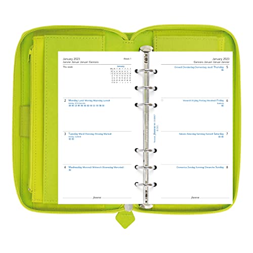 Filofax Saffiano Zip Organizer,persönliche kompakte Größe,Birne - Kreuzmaserung,Lederoptik,sechs Ringe,Wochenansicht,Kalender,mehrsprachig,2023 (C022537-23), birnenfarben von Filofax