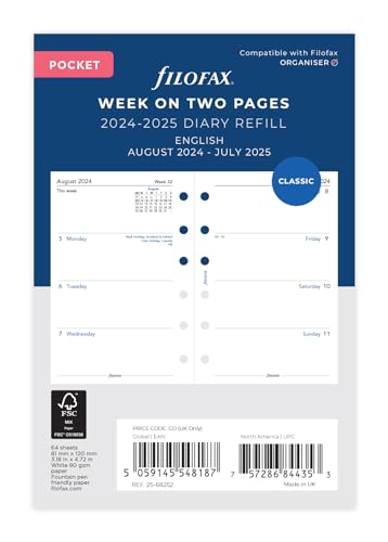 Filofax Taschenkalender, Woche auf zwei Seiten, Jahresmitte August 24. bis 25. Juli von Filofax