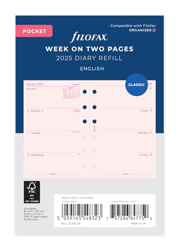 Filofax Taschenkalender 2025, Woche auf 2 Seiten, Englisch, Rosa von Filofax