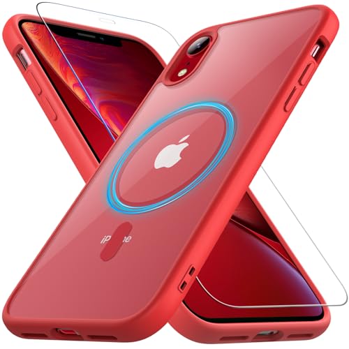 Fin2feel Für iPhone XR Hülle, Magnetisch Handyhülle iPhone XR mit Panzer Schutz Glas, Kompatibel mit MagSafe, Stoßfest Kratzfeste Robust Transparent Rückseite Schutzhülle für iPhone XR 6.1" (Rot) von Fin2feel
