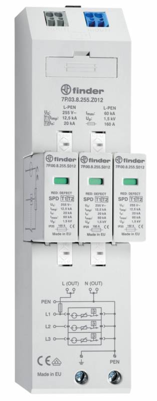 Finder Kombiableiter 7P.03.8.255.Z012 Typ 1+2 für dreiphasige TN-C Netze Finder Kombiableiter 7P.03.8.255.Z012 Typ 1+2 für dreiphasige TN-C Netze von Finder GmbH