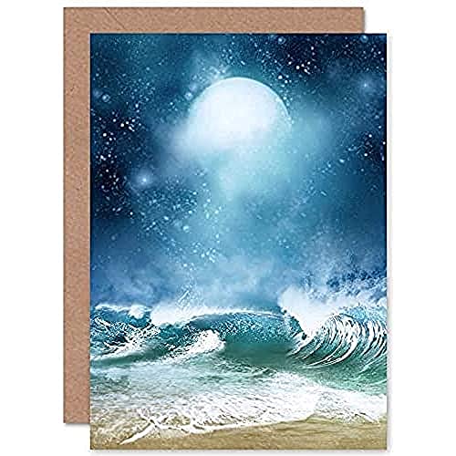Fine Art Prints Beach And Moon Digital Collage Greeting Card With Envelope Inside Premium Quality Strand Mond von Fine Art Prints