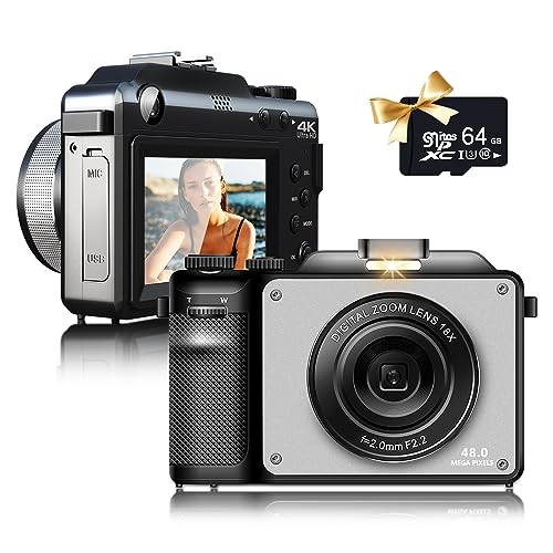48MP Digitalkamera, 4K HD 1080P Fotokamera, Eingebaute 7 Farbfilter, 18X Digitalzoom mit Zwei Kameras auf der Vorder- und Rückseite, 64GB TF-Karte, WiFi-Funktionalität, digital Cameras (X9 Gray) von Fine Life Pro