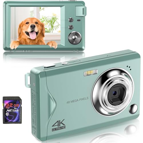 Digitalkamera, 4K HD 1080P 48MP Fotokamera Kompaktkamera, Mini Digitalkamera mit 32GB SD-Karte FHD Fotokamera, Digital Kamera mit LCD-Bildschirm 16X Digitalzoom für Anfänger (Grün digitalkamera) von Fine Life Pro