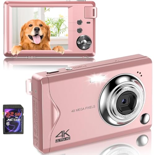 Digitalkamera, 4K HD 1080P 48MP Fotokamera Kompaktkamera, Mini Digitalkamera mit 32GB SD-Karte FHD Fotokamera, Digital Kamera mit LCD-Bildschirm 16X Digitalzoom für Anfänger (Rosa digitalkamera) von Fine Life Pro