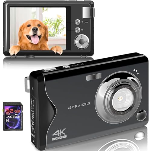 Digitalkamera, 4K HD 1080P 48MP Fotokamera Kompaktkamera, Mini Digitalkamera mit 32GB SD-Karte FHD Fotokamera, Digital Kamera mit LCD-Bildschirm 16X Digitalzoom für Anfänger (Schwarz) von Fine Life Pro