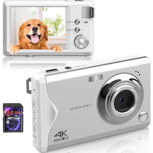 Digitalkamera, 4K HD 1080P 48MP Fotokamera Kompaktkamera, Mini Digitalkamera mit 32GB SD-Karte FHD Fotokamera, Wiederaufladbare Digital Kamera mit LCD-Bildschirm 16X Digitalzoom für Anfänger (Weiß) von Fine Life Pro