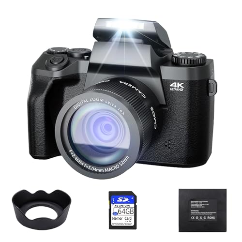 Digitalkamera 4K, 64MP Kamera fotokamera, Fotografie mit Doppelkamera Kompaktkamera, WLAN, inkl. 52mm Festobjektiv, 4.0" Touchscreen, 64GB SD-Karte & Kameratasche, 2160p von Fine Life Pro