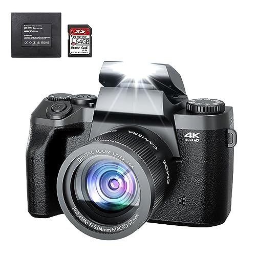Digitalkamera 64 Megapixel Fotoapparat Digitalkamera, Dual-Kamera für Kompaktkamera Fotos zum Geburtstag, Reisen, inkl. 52 mm Festobjektiv, 4,0" Touchscreen, 64 GB SD-Karte von Fine Life Pro