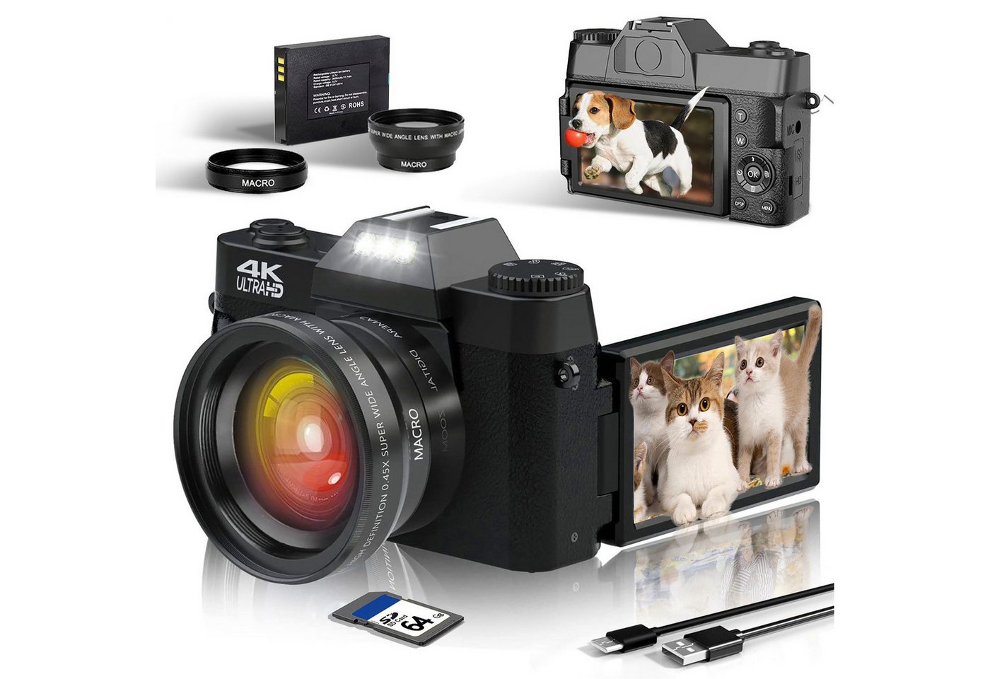 Fine Life Pro Digitalkamera 4K, 48MP Fotokamera mit 180° Flip 3.0" Bildschirm, Systemkamera (48 MP, 0x opt. Zoom, WLAN (Wi-Fi), inkl. 16X Digitalzoom Kompaktkamera mit Weitwinkel Linse und Macro Linse, 64GB TF-Karte, WiFi-Funktionalität, Schwarz) von Fine Life Pro