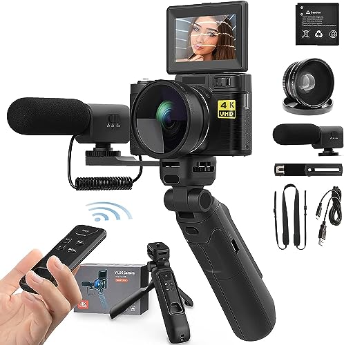Fine Life Pro Digitalkamera 4K 48MP Autofokus Full HD Vlogging Kamera für YouTube Flip Screen Kompaktkamera mit Stativgriff, Weitwinkel & Makroobjektiv, Mikrofon, Batterien, Schwarz von Fine Life Pro