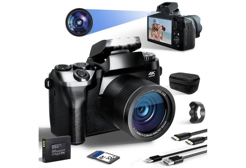 Fine Life Pro Digitalkamera 4K Autofokus 64MP 16X Digitalzoom Kompaktkamera (WLAN (Wi-Fi), inkl. Touchscreen Fotokamera mit Haube, Kompaktkamera mit WiFi Funktion, Vlog Kamera für Senioren Anfänger (Schwarz) von Fine Life Pro
