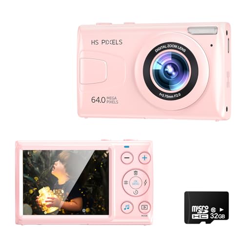 Fine Life Pro Digitalkamera Fotokamera FHD 1080P, 64MP, 18X Digitalzoom, Anti-Shake, 3,0" LCD Kompaktkamera mit 32GB SD Karte für Kinder, Anfänger, Jungen and Mädchen (Rosa) von Fine Life Pro