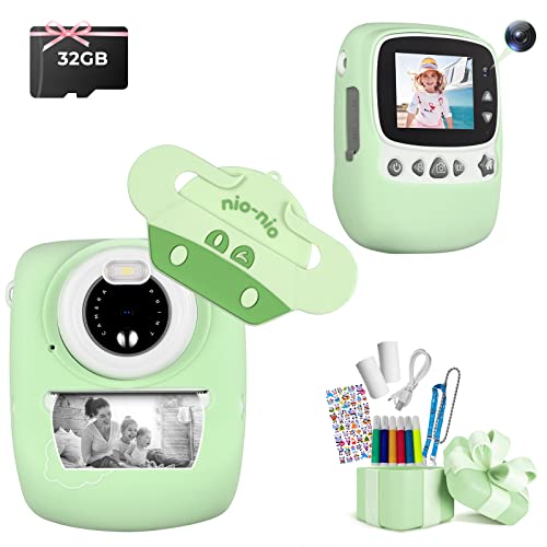 Kinderkamera, 30MP 1080P Sofortbildkamera Kinder Drucken Schwarzweiß Foto mit 2,4 Zoll Bildschirm, Digitalkamera Kinder mit 32GB TF-Karte, 6 Farben Pinselstift, Dual Kamera, Geschenk für Kinder, Grün von Fine Life Pro